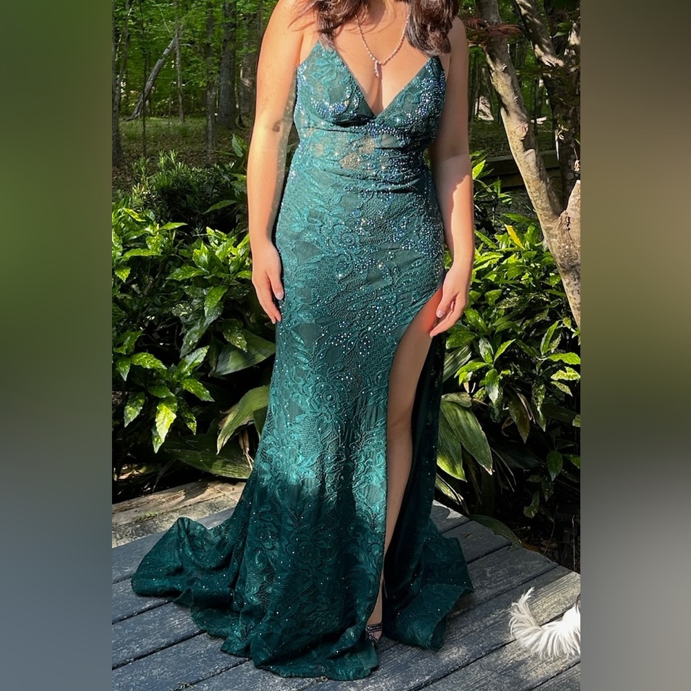 La Femme Dark Emerald Sparkly Prom/Formal Dress with leg slit and adjustable tie